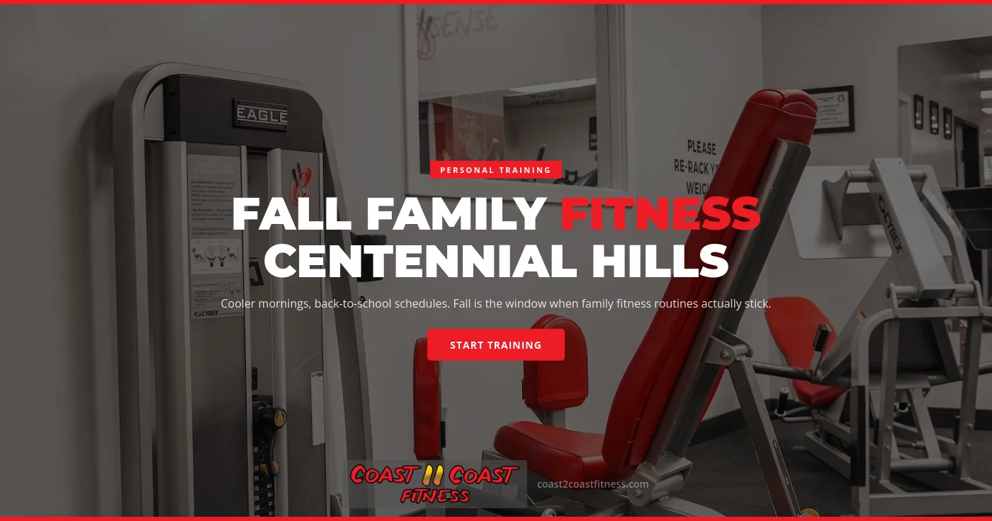 A family of three works out together at Coast2Coast Fitness, a family-friendly gym in Centennial Hills, NV, with a parent and teen using the strength conditioning area.