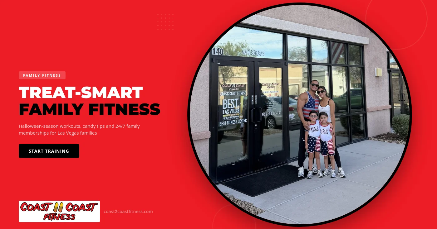 A parent and two kids in Halloween-themed workout shirts doing squats together on the gym floor at a family fitness center in Las Vegas.