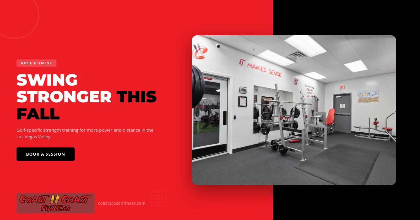 A golfer performs a cable woodchop rotational exercise alongside a personal trainer inside a gym in the Las Vegas Valley.